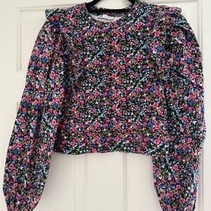 Zara Black and Pink Ruffled Crop Blouse with Bishop Sleeves